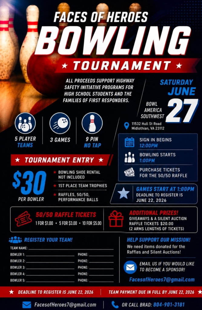 Faces of Heroes Bowling Tournament - Saturday June 27 2026 at Bowl America Southwest, Midlothian VA